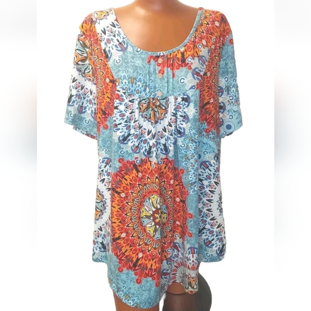 Boho Blouse Woman Plus 3X Hippie Geometric Top Colorful Stretchy Round Hem NWOT